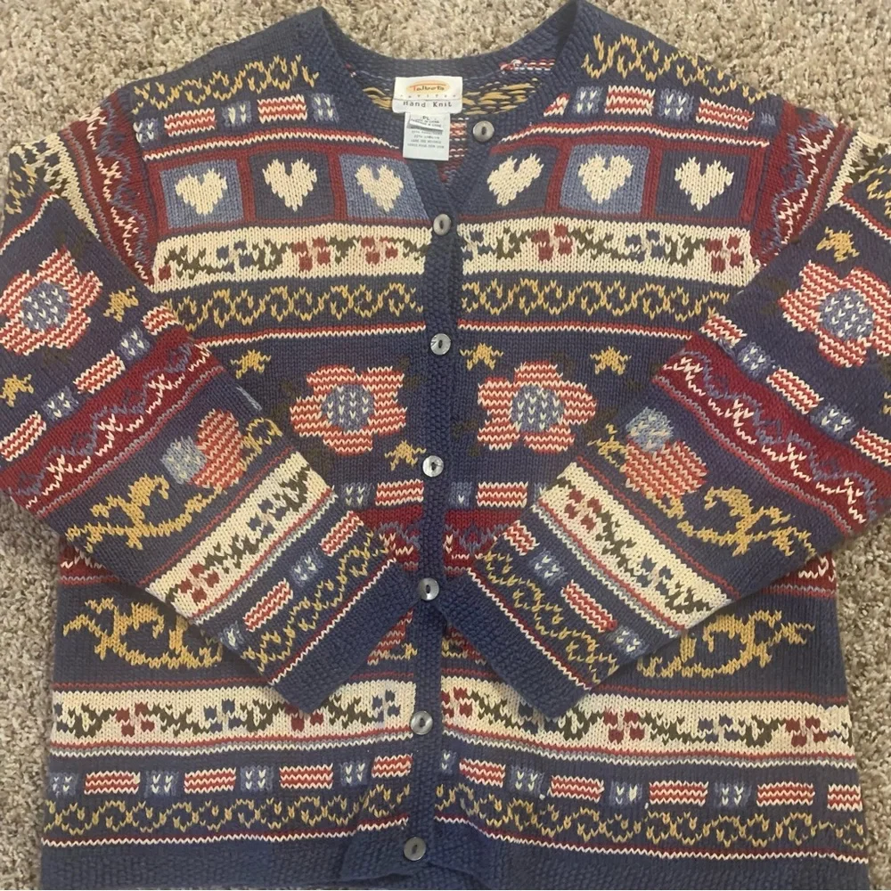 Talbots Americana Hearts Vintage 90s Linen Blend Hand Knit Cardigan Sweater - Picture 7 of 13
